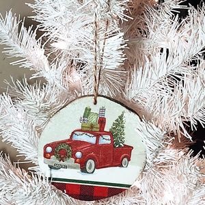 Hand Crafted Decoupage Wooden Christmas Ornament/Vintage Decorated Red Truck